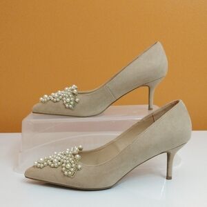 Cato Beige Nude Pearl Embellished Pointed Toe Kitten Heel Pumps Size 11W